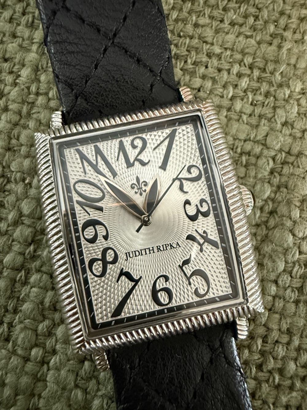 Judith Ripka Silver Dial Watch with Black Leather Strap